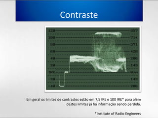 ContrasteEmgeraloslimites de contrastesestãoem 7,5 IRE e 100 IRE* paraalémdesteslimitesjáháinformaçãosendoperdida.*Institute of Radio Engineers