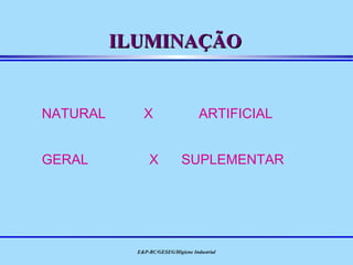 ILUMINAÇÃO


NATURAL       X                     ARTIFICIAL


GERAL           X            SUPLEMENTAR




            E&P-BC/GESEG/Higiene Industrial
 