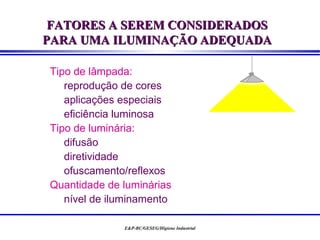 FATORES A SEREM CONSIDERADOS
PARA UMA ILUMINAÇÃO ADEQUADA

Tipo de lâmpada:
   reprodução de cores
   aplicações especiais
   eficiência luminosa
Tipo de luminária:
   difusão
   diretividade
   ofuscamento/reflexos
Quantidade de luminárias
   nível de iluminamento

              E&P-BC/GESEG/Higiene Industrial
 