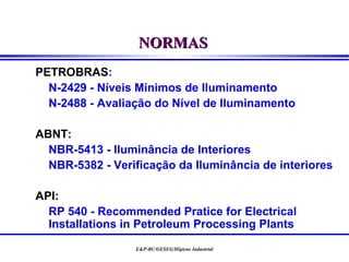 NORMAS
PETROBRAS:
  N-2429 - Níveis Mínimos de Iluminamento
  N-2488 - Avaliação do Nível de Iluminamento

ABNT:
  NBR-5413 - Iluminância de Interiores
  NBR-5382 - Verificação da Iluminância de interiores

API:
  RP 540 - Recommended Pratice for Electrical
  Installations in Petroleum Processing Plants
                 E&P-BC/GESEG/Higiene Industrial
 