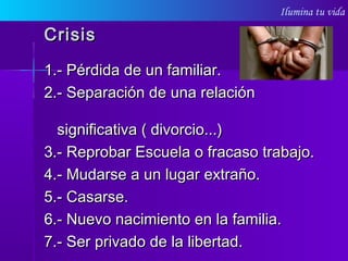 Ilumina tu vida
CrisisCrisis
1.- Pérdida de un familiar.1.- Pérdida de un familiar.
2.- Separación de una relación2.- Separación de una relación
significativa ( divorcio...)significativa ( divorcio...)
3.- Reprobar Escuela o fracaso trabajo.3.- Reprobar Escuela o fracaso trabajo.
4.- Mudarse a un lugar extraño.4.- Mudarse a un lugar extraño.
5.- Casarse.5.- Casarse.
6.- Nuevo nacimiento en la familia.6.- Nuevo nacimiento en la familia.
7.- Ser privado de la libertad.7.- Ser privado de la libertad.
 