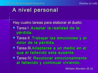 Ilumina tu vida
A nivel personalA nivel personal
Hay cuatro tareas para elaborar el duelo:Hay cuatro tareas para elaborar el duelo:
 Tarea I .Tarea I .Aceptar la realidad de laAceptar la realidad de la
pérdida.pérdida.
 Tarea IITarea II ..Trabajar las emociones y elTrabajar las emociones y el
dolor de la pérdida.dolor de la pérdida.
 Tarea III.Tarea III.Adaptarse a un medio en elAdaptarse a un medio en el
que el fallecido esta ausente.que el fallecido esta ausente.
 Tarea IV.Tarea IV. Recolocar emocionalmenteRecolocar emocionalmente
al fallecido y continuar viviendo.al fallecido y continuar viviendo.
William Worden (E.U)William Worden (E.U)
Mtra Ps. Alma de los Ángeles Toscano de RMtra Ps. Alma de los Ángeles Toscano de R
 