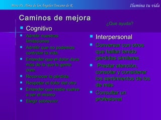Ilumina tu vida
Caminos de mejoraCaminos de mejora
 CognitivoCognitivo
 Admitir nuestrasAdmitir nuestras
limitacioneslimitaciones
 Admitir que no podemosAdmitir que no podemos
controlar la vida.controlar la vida.
 Entender que el dolor duraEntender que el dolor dura
más de lo que la gentemás de lo que la gente
cree.cree.
 Reconocer la pérdida.Reconocer la pérdida.
 Respetar el dolor del otroRespetar el dolor del otro
 Entender que nadie vuelveEntender que nadie vuelve
a ser el mismoa ser el mismo
 Elegir sobrevivirElegir sobrevivir
 InterpersonalInterpersonal
 Conversar con otrosConversar con otros
que hallan tenidoque hallan tenido
pérdidas similarespérdidas similares
 Prestar atención,Prestar atención,
consolar y considerarconsolar y considerar
los sentimientos de loslos sentimientos de los
de másde más
 Consultar unConsultar un
profesionalprofesional
¿Que ayuda?
Mtra Ps. Alma de los Ángeles Toscano de RMtra Ps. Alma de los Ángeles Toscano de R
 
