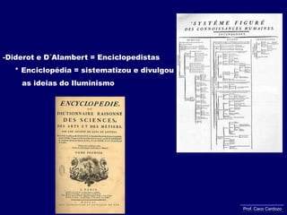 Principais iluministas-Montesquieu  (1689-1775)     * Do Espírito das Leis     *teoria dos três poderes independentes Executivo, Legislativo e Judiciário                ( equilíbrio )Prof. Caco Cardozo