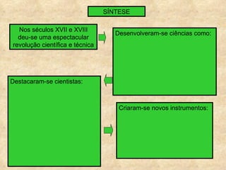SÍNTESE

  Nos séculos XVII e XVIII
                                    Desenvolveram-se ciências como:
  deu-se uma espectacular
revolução científica e técnica




Destacaram-se cientistas:



                                     Criaram-se novos instrumentos:
 