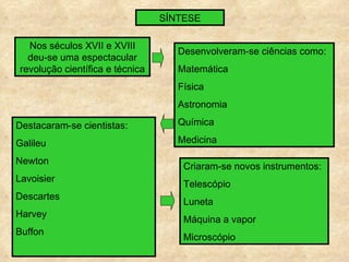 SÍNTESE

  Nos séculos XVII e XVIII
                                    Desenvolveram-se ciências como:
  deu-se uma espectacular
revolução científica e técnica      Matemática
                                    Física
                                    Astronomia

Destacaram-se cientistas:           Química

Galileu                             Medicina

Newton
                                     Criaram-se novos instrumentos:
Lavoisier
                                     Telescópio
Descartes
                                     Luneta
Harvey
                                     Máquina a vapor
Buffon
                                     Microscópio
 