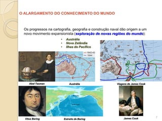 O ALARGAMENTO DO CONHECIMENTO DO MUNDO



 Os progressos na cartografia, geografia e construção naval dão origem a um
 novo movimento expansionista (exploração de novas regiões do mundo):
                       •    Austrália
                       •    Nova Zelândia
                       •    Ilhas do Pacífico




     Abel Tasman               Austrália                 Viagens de James Cook




                                                             James Cook          7
  Vitus Bering             Estreito de Bering
 