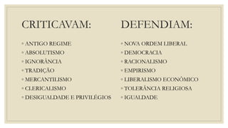 CRITICAVAM:
◦ ANTIGO REGIME
◦ ABSOLUTISMO
◦ IGNORÂNCIA
◦ TRADIÇÃO
◦ MERCANTILISMO
◦ CLERICALISMO
◦ DESIGUALDADE E PRIVILÉGIOS
◦ NOVA ORDEM LIBERAL
◦ DEMOCRACIA
◦ RACIONALISMO
◦ EMPIRISMO
◦ LIBERALISMO ECONÔMICO
◦ TOLERÂNCIA RELIGIOSA
◦ IGUALDADE
DEFENDIAM:
 