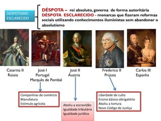 DESPOTISMO
ESCLARECIDO
DÉSPOTA – rei absoluto, governa de forma autoritária
DÉSPOTA ESCLARECIDO - monarcas que fizeram reformas
sociais utilizando conhecimentos iluministas sem abandonar o
absolutismo
Catarina II José I José II Frederico II Carlos III
Rússia Portugal Áustria Prússia Espanha
Marquês de Pombal
Liberdade de culto
Ensino básico obrigatório
Aboliu a tortura
Novo Código de Justiça
Aboliu a escravidão
Igualdade tributária
Igualdade jurídica
Companhias de comércio
Manufatura
Estímulo agrícola
 