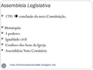 http://historiaeatualidade.blogspot.comhttp://historiaeatualidade.blogspot.com
Assembleia Legislativa
22
 1791  conclusão da nova Constituição.
Monarquia
 3 poderes
 Igualdade civil
 Confisco dos bens da Igreja
 Assembleia:Voto Censitário
 