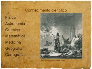 Física Astronomia Química Matemática Medicina Geografia Cartografia Conhecimento científico Experiência com electricidade natural 