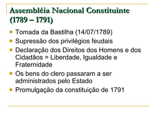 Assembléia Nacional Constituinte (1789 – 1791) Tomada da Bastilha (14/07/1789) Supressão dos privilégios feudais Declaração dos Direitos dos Homens e dos Cidadãos = Liberdade, Igualdade e Fraternidade Os bens do clero passaram a ser administrados pelo Estado Promulgação da constituição de 1791 
