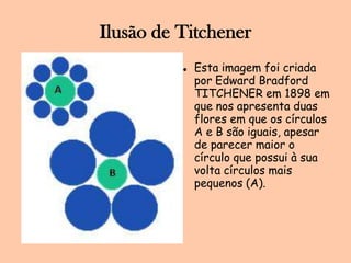 Ilusão de TitchenerEsta imagem foi criada por Edward Bradford TITCHENER em 1898 em que nos apresenta duas flores em que os círculos A e B são iguais, apesar de parecer maior o círculo que possui à sua volta círculos mais pequenos (A). 