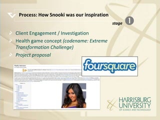 Process: How Snooki was our inspiration
                                           stage   
Client Engagement / Investigation
Health game concept (codename: Extreme
Transformation Challenge)
Project proposal
 