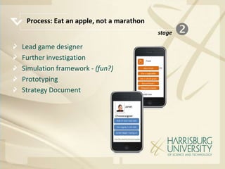 Process: Eat an apple, not a marathon
                                         stage   
Lead game designer
Further investigation
Simulation framework - (fun?)
Prototyping
Strategy Document
 
