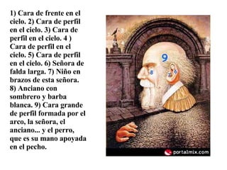 1) Cara de frente en el cielo. 2) Cara de perfil en el cielo. 3) Cara de perfil en el cielo. 4 ) Cara de perfil en el cielo. 5) Cara de perfil en el cielo. 6) Señora de falda larga. 7) Niño en brazos de esta señora. 8) Anciano con sombrero y barba blanca. 9) Cara grande de perfil formada por el arco, la señora, el anciano... y el perro, que es su mano apoyada en el pecho. 