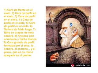 1) Cara de frente en el cielo. 2) Cara de perfil en el cielo. 3) Cara de perfil en el cielo. 4 ) Cara de perfil en el cielo. 5) Cara de perfil en el cielo. 6) Señora de falda larga. 7) Niño en brazos de esta señora. 8) Anciano con sombrero y barba blanca. 9) Cara grande de perfil formada por el arco, la señora, el anciano... y el perro, que es su mano apoyada en el pecho. 