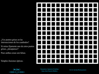 (  )(  ) --ooo--(_)--ooo-- --   Inocencio Aparicio Esteban Juan José García Muñoz ¿Ves puntos grises en las intersecciones de los cuadrados? Si miras fijamente uno de estos puntos grises, ¿desaparece? Pues ambas cosas son falsas. Simples ilusiones ópticas. 