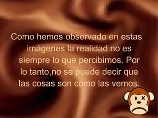 Como hemos observado en estas imágenes la realidad no es siempre lo que percibimos. Por lo tanto,no se puede decir que las cosas son como las vemos.