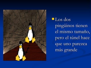 Los dos pingüinos tienen el mismo tamaño, pero el túnel hace que uno parezca más grande 