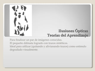 Ilusiones Ópticas Teorías del Aprendizaje Para finalizar un par de imágenes conocidas. El pequeño dálmata logrado con trazos sintéticos. Ideal para utilizar (quitando y alivianando trazos) como estímulo degradado visualmente. 