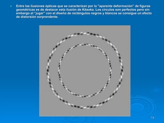 Entre las ilusiones ópticas que se caracterizan por la "aparente deformación” de figuras geométricas es de destacar esta ilusión de Kitaoka. Los círculos son perfectos pero sin embargo al “jugar” con el diseño de rectángulos negros y blancos se consigue un efecto de distorsión sorprendente. 
