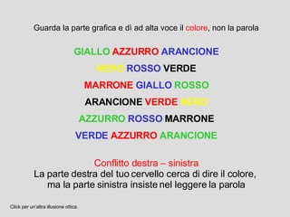 Guarda la parte grafica e dì ad alta voce il  colore , non la parola GIALLO   AZZURRO   ARANCIONE NERO   ROSSO  VERDE MARRONE   GIALLO   ROSSO ARANCIONE  VERDE   NERO AZZURRO   ROSSO  MARRONE VERDE   AZZURRO   ARANCIONE Conflitto destra – sinistra La parte destra del tuo cervello cerca di dire il colore,  ma la parte sinistra insiste nel leggere la parola Click per un’altra illusione ottica. 