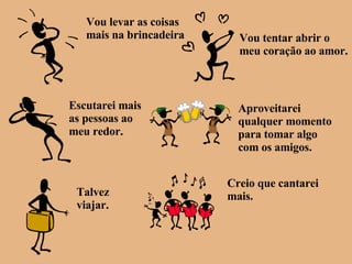 Vou levar as coisas mais na brincadeira Vou tentar abrir o meu coração ao amor. Escutarei mais as pessoas ao  meu redor. Aproveitarei  qualquer momento para tomar algo com os amigos. Talvez viajar. Creio que cantarei mais. 