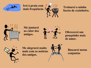 Irei à praia com mais frequência. Treinarei a minha faceta de cozinheiro. Me juntarei ao calor dos amigos. Oferecerei um pouquinho mais  de amor. Me alegrarei muito mais com as notícias dos amigos. Buscarei metas  conjuntas 