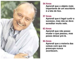 54 Anos Aprendi que o objeto mais importante de um escritório é a lata de lixo. 57 Anos Aprendi que é legal curtir o sucesso, mas não se deve acreditar muito nele. 63 Anos Aprendi que não posso mudar o que passou, mas posso deixar prá lá.  64 Anos Aprendi que a maioria das coisas com que me preocupo nunca acontecem.  
