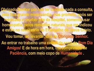 Obrigado Senhor por não ter custado nada a consulta, pela Sua grande misericórdia, mas prometo, após ser medicado e receber alta do hospital, somente usar homeopatia, pelos remédios naturais que me indicou e estão no receituário do Evangelho de Jesus Cristo. Vou tomar, ao levantar, chá de   Obrigado Senhor . Ao entrar no trabalho uma colher de sopa de   Bom Dia Amigos!   E de hora em hora, um comprimido de   Paciência , com meio copo de   Humanidade  . 