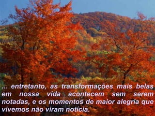 ... entretanto, as transformações mais belas em nossa vida acontecem sem serem notadas, e os momentos de maior alegria que vivemos não viram notícia. 