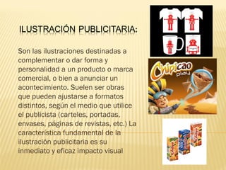 Son las ilustraciones destinadas a 
complementar o dar forma y 
personalidad a un producto o marca 
comercial, o bien a anunciar un 
acontecimiento. Suelen ser obras 
que pueden ajustarse a formatos 
distintos, según el medio que utilice 
el publicista (carteles, portadas, 
envases, páginas de revistas, etc.) La 
característica fundamental de la 
ilustración publicitaria es su 
inmediato y eficaz impacto visual 
 