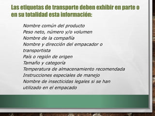 Nombre común del producto
Peso neto, número y/o volumen
Nombre de la compañía
Nombre y dirección del empacador o
transportista
País o región de origen
Tamaño y categoría
Temperatura de almacenamiento recomendada
Instrucciones especiales de manejo
Nombre de insecticidas legales si se han
utilizado en el empacado
Las etiquetas de transporte deben exhibir en parte o
en su totalidad esta información:
 
