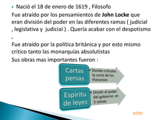   Nació el 18 de enero de 1619 , Filosofo
Fue atraído por los pensamientos de John Locke que
eran división del poder en las diferentes ramas ( judicial
, legislativa y judicial ) . Quería acabar con el despotismo
,
Fue atraído por la política británica y por esto mismo
critico tanto las monarquías absolutistas
Sus obras mas importantes fueron :




                                                    volver
 
