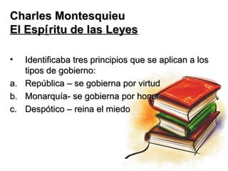 Charles Montesquieu
El Espí ritu de las Leyes

•  Identificaba tres principios que se aplican a los
   tipos de gobierno:
a. República – se gobierna por virtud
b. Monarquía- se gobierna por honor
c. Despótico – reina el miedo
 