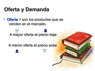 Oferta y Demanda
• Oferta = son los productos que se
   venden en el mercado.

   A mayor oferta el precio baja

   A menor oferta el precio sube
 