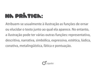 na prática:
Atribuem-se usualmente à ilustração as funções de ornar
ou elucidar o texto junto ao qual ela aparece. No entanto,
a ilustração pode ter várias outras funções: representativa,
descritiva, narrativa, simbólica, expressiva, estética, lúdica,
conativa, metalingüística, fática e pontuação.
 