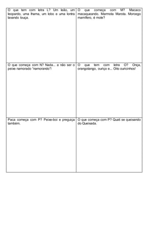 O que tem com letra L? Um leão, um
leopardo, uma lhama, um lobo e uma lontra
lavando louça.
O que começa com M? Macaco
macaqueando. Marmota Marota. Morcego
mamífero, é mole?
O que começa com N? Nada... a não ser o
peixe namorado “namorando”!
O que tem com letra O? Onça,
orangotango, ouriço e... Oito ouricinhos!
Paca começa com P? Peixe-boi e preguiça
também.
O que começa com P? Quati se queixando
do Queixada.
 
