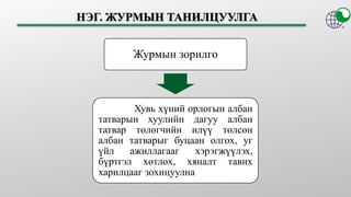 Журмын зорилго
Хувь хүний орлогын албан
татварын хуулийн дагуу албан
татвар төлөгчийн илүү төлсөн
албан татварыг буцаан олгох, уг
үйл ажиллагааг хэрэгжүүлэх,
бүртгэл хөтлөх, хяналт тавих
харилцааг зохицуулна
 