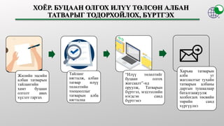 Жилийн эцсийн
албан татварын
тайлангийн
хамт буцаан
олголт авах
хүсэлт гаргах
Тайланг
нягталж, албан
татвар илүү
төлөлтийн
тооцооллыг
татварын алба
нягтална
“Илүү төлөлтийг
буцаан олгох
жагсаалт”-нд
оруулж, Татварын
бүртгэл, мэдээллийн
нэгдсэн санд
бүртгэнэ
Харъяа татварын
алба уг
жагсаалтыг тухайн
татварын албаны
даргын тушаалаар
баталгаажуулж
холбогдох төсвийн
төрийн санд
хүргүүлнэ
 