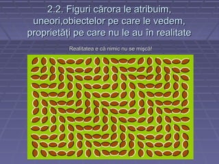 2.2. Figuri c2.2. Figuri cărora le atribuim,ărora le atribuim,
uneori,obiectelor pe care le vedem,uneori,obiectelor pe care le vedem,
proprietăţi pe care nu le au în realitateproprietăţi pe care nu le au în realitate
RRealitatea e cealitatea e că nimic nu se mişcăă nimic nu se mişcă!!
 