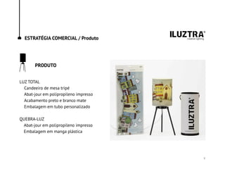 ESTRATÉGIA COMERCIAL / Produto
LUZ TOTAL
Candeeiro de mesa tripé
Abat-jour em polipropileno impresso
Acabamento preto e branco mate
Embalagem em tubo personalizado
QUEBRA-LUZ
Abat-jour em polipropileno impresso
Embalagem em manga plástica
PRODUTO
8
 