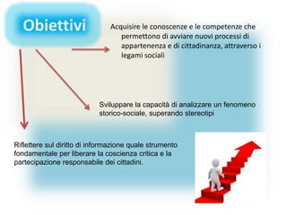 Obiettivi Acquisire le conoscenze e le competenze che
permettono di avviare nuovi processi di
appartenenza e di cittadinanza, attraverso i
legami sociali
Sviluppare la capacità di analizzare un fenomeno
storico-sociale, superando stereotipi
Riflettere sul diritto di informazione quale strumento
fondamentale per liberare la coscienza critica e la
partecipazione responsabile dei cittadini.
 