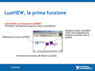 LuaVIEW, la prima funzione

  Com'è fatta una funzione LuaVIEW?
  Prendiamo ad esempio la print vista in precedenza

                                                         Semplice SubVI LabVIEW
                                                         100% che implementa la
                                                         finestra di console vera e
Reference al Core LuaVIEW                                propria




            Funzione per accesso allo Stack Lua (pull)
 