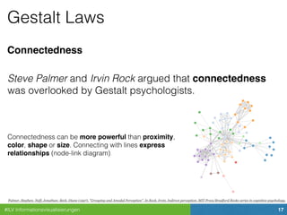 #ILV Informationsvisualisierungen 17
Gestalt Laws
Connectedness
Steve Palmer and Irvin Rock argued that connectedness
was overlooked by Gestalt psychologists.
Palmer, Stephen; Neff, Jonathan; Beck, Diane (1997). "Grouping and Amodal Perception". In Rock, Irvin. Indirect perception. MIT Press/Bradford Books series in cognitive psychology.
Connectedness can be more powerful than proximity,
color, shape or size. Connecting with lines express
relationships (node-link diagram)
 