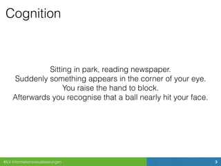 #ILV Informationsvisualisierungen 3
Cognition
Sitting in park, reading newspaper.
Suddenly something appears in the corner of your eye.
You raise the hand to block.
Afterwards you recognise that a ball nearly hit your face.
 