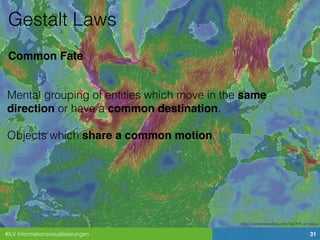 #ILV Informationsvisualisierungen 31
Gestalt Laws
Common Fate
Mental grouping of entities which move in the same
direction or have a common destination.
Objects which share a common motion.
https://www.windyty.com/?53.878,-27.993,4
 