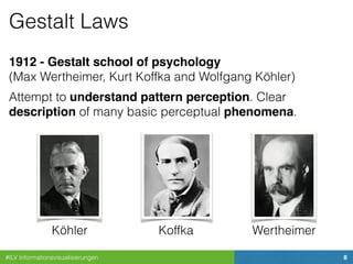 #ILV Informationsvisualisierungen 8
Gestalt Laws
Attempt to understand pattern perception. Clear
description of many basic perceptual phenomena.
1912 - Gestalt school of psychology 
(Max Wertheimer, Kurt Koffka and Wolfgang Köhler)
Koffka WertheimerKöhler
 
