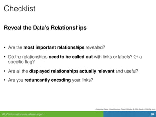 #ILV Informationsvisualisierungen 84
Checklist
Reveal the Data’s Relationships
• Are the most important relationships revealed?
• Do the relationships need to be called out with links or labels? Or a
speciﬁc ﬂag?
• Are all the displayed relationships actually relevant and useful?
• Are you redundantly encoding your links?
Designing Data Visualizations, Noah Iliinsky & Julie Steele, O'Reilly 2011
 